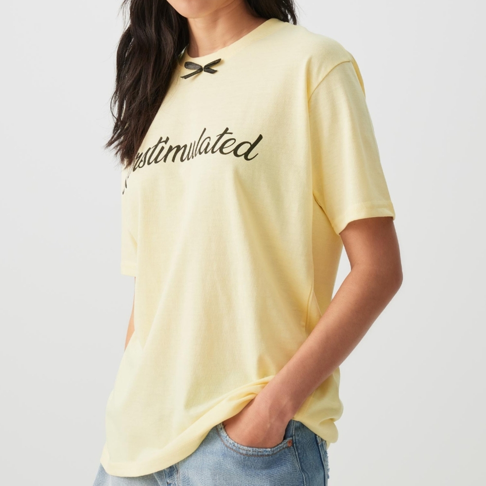 OVERSTIMULATED Oversized Basic Tee With Bow Detail 🎀, Pastel Yellow (XS)